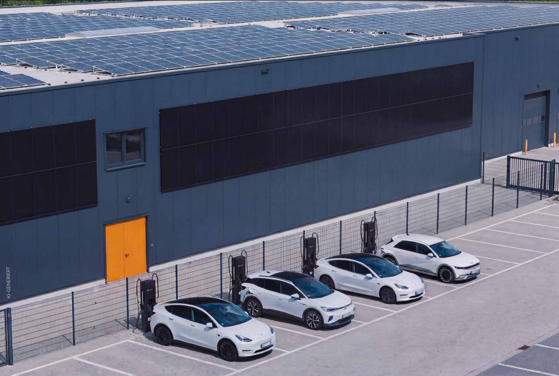 Elektrofahrzeuge an Ladestationen vor einer Gewerbehalle mit Photovoltaikanlage auf dem Dach